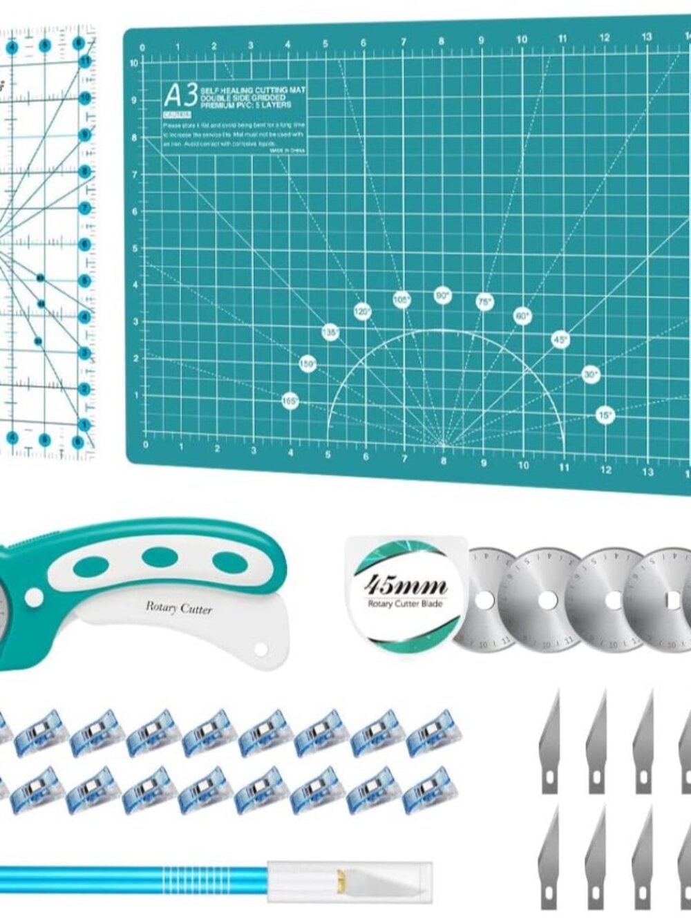 Rotary Cutter Set - 45mm Fabric Cutter, 5 Extra Rotary Blades, A3 Cutting Mat, Q